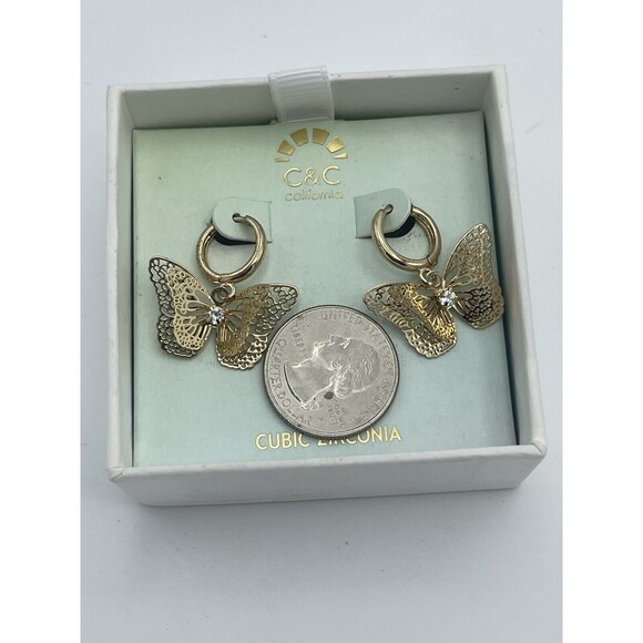 C & C California Gold Tone CZ 3D Dangle Butterfly Earrings New - Picture 5 of 7